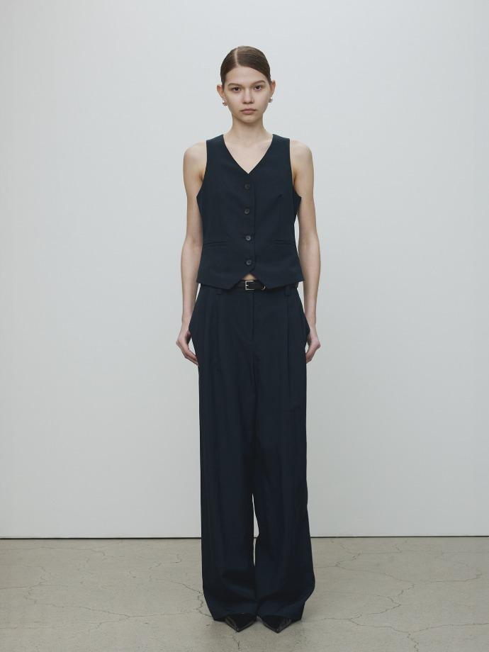 LINEN TWO PLEATS WIDE PANTS_ NAVY