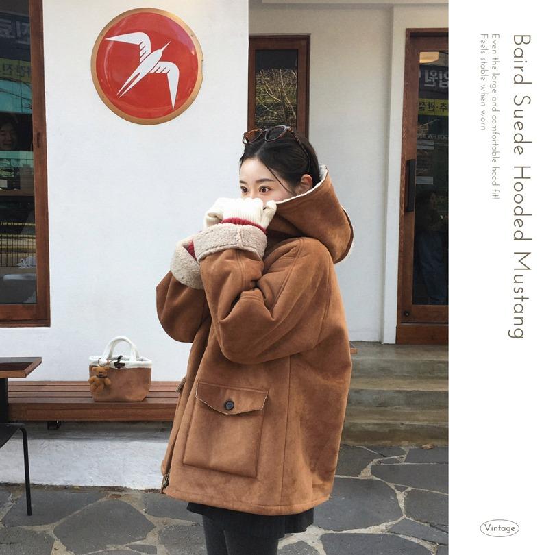 베이델리 [벨리드made/미디기장]베어드 스웨이드 양털 후드 무스탕