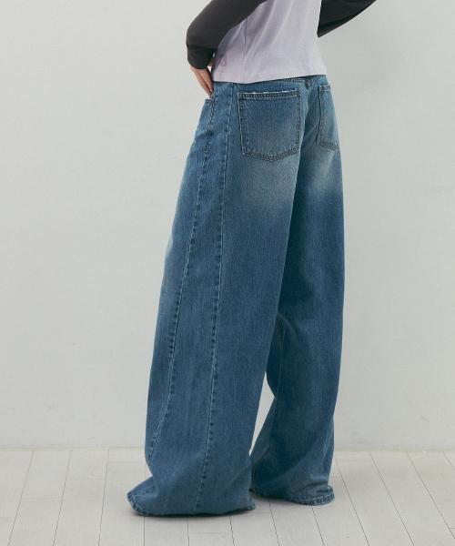 Damaged Wide-Leg Curved Denim_CTD424(Medium Blue)