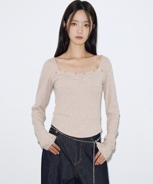 리브드 셔링 스터드 롱 슬리브 [인디 핑크]