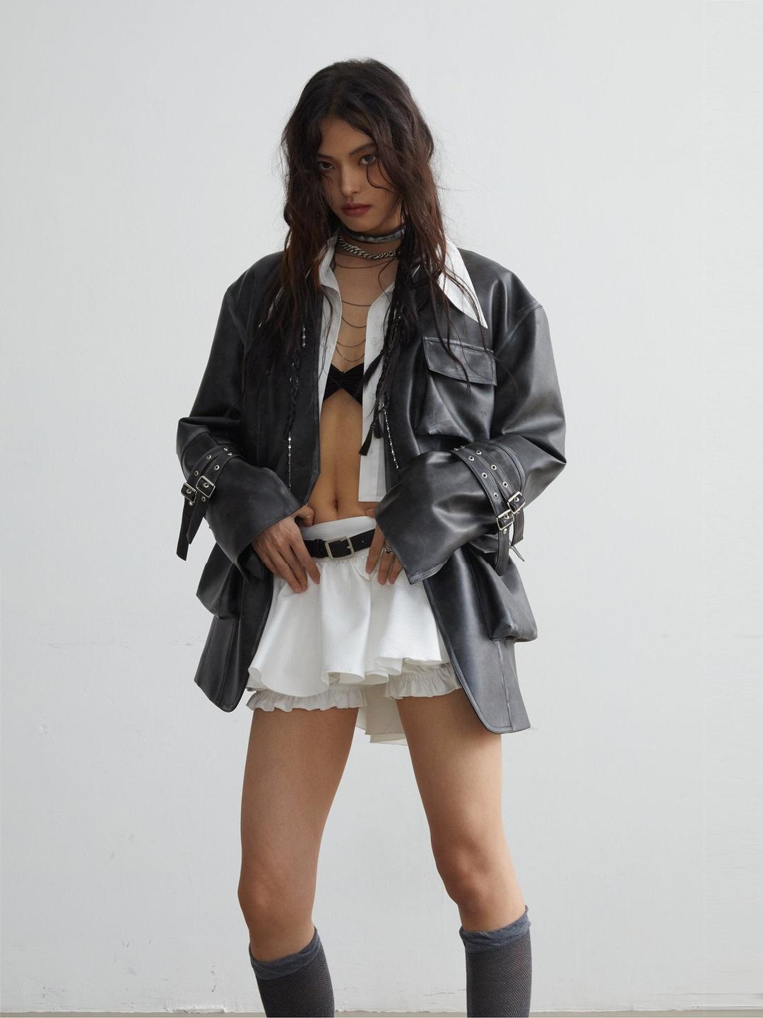 Belt Decoration White Versatile Anti-exposure Ruffled Mini Skirt JNY0061