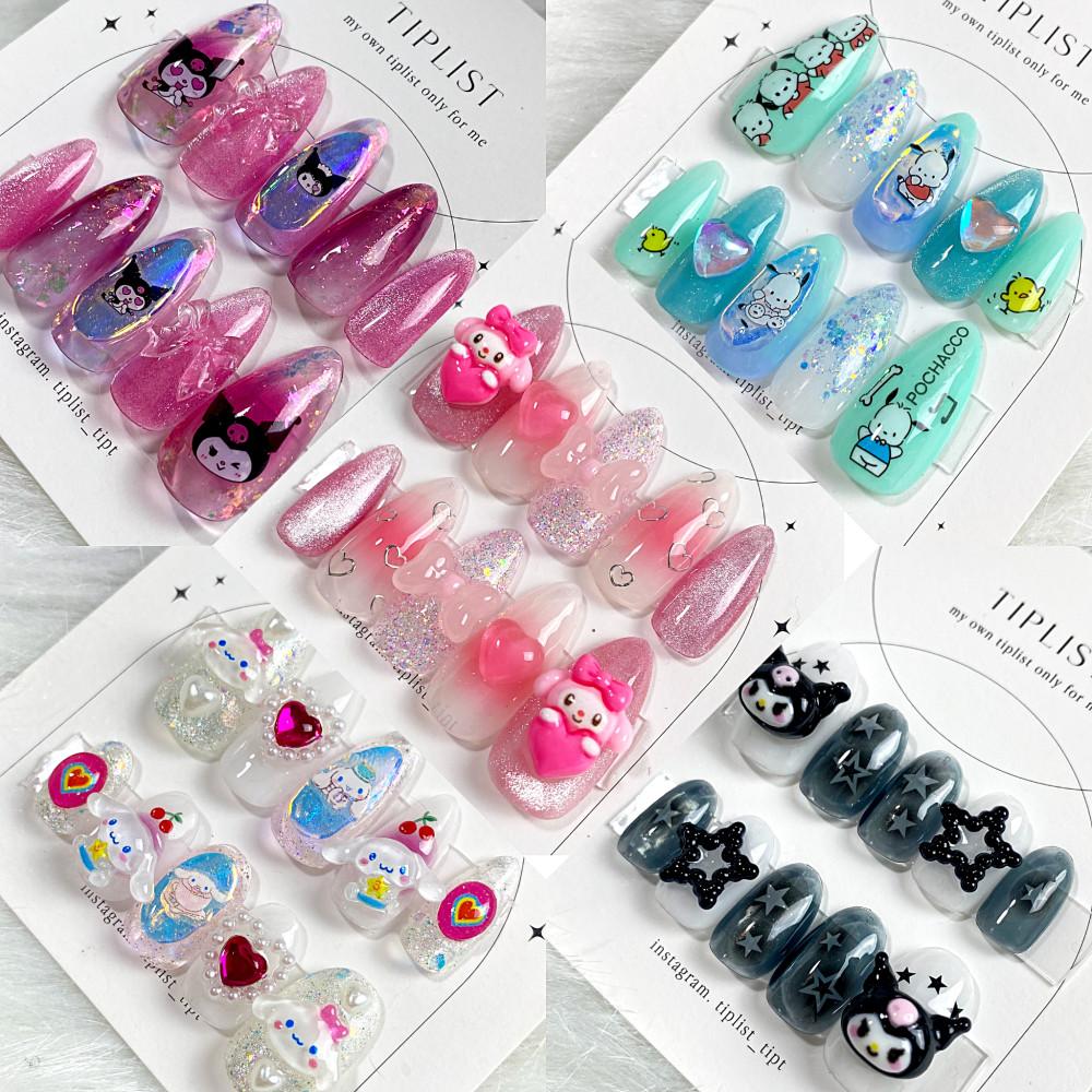 산리오 캐릭터 여름 유리알 수제 네일팁 쿠로미 시나모롤 키치 네일