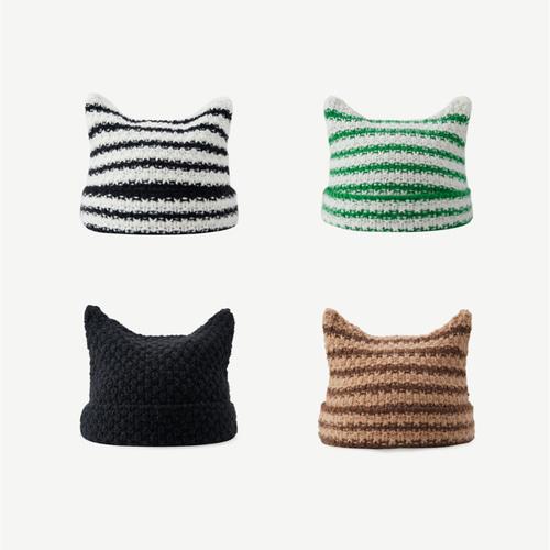 고양이귀 스트라이프 니트 비니 모자
