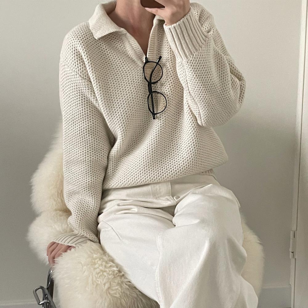 [하이퀄리티] 겨울 울 70 도톰 카라 와플 브이넥 니트 / 아이보리, 네이비, 그레이