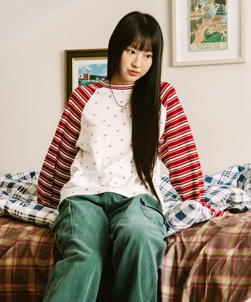 STRIPED STAR RAGLAN LS TEE WHITE(CV2GSFT550A)