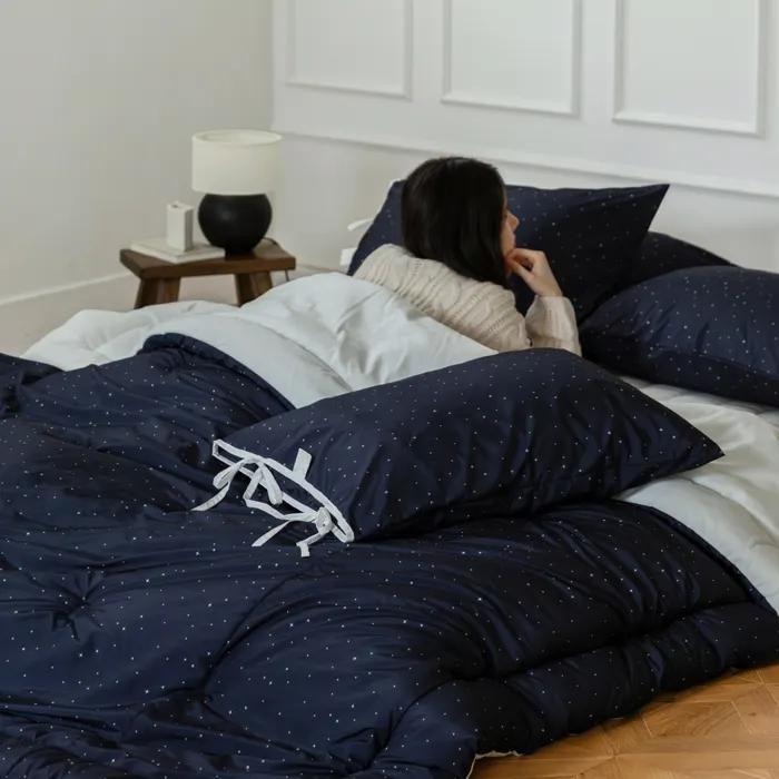 [풀세트_세탁망1증정]알러메디 스태리 알러지케어 겨울 울트라웜 극세사 리본 차렵이불 네이비 (S/SS,Q,K/LK)
