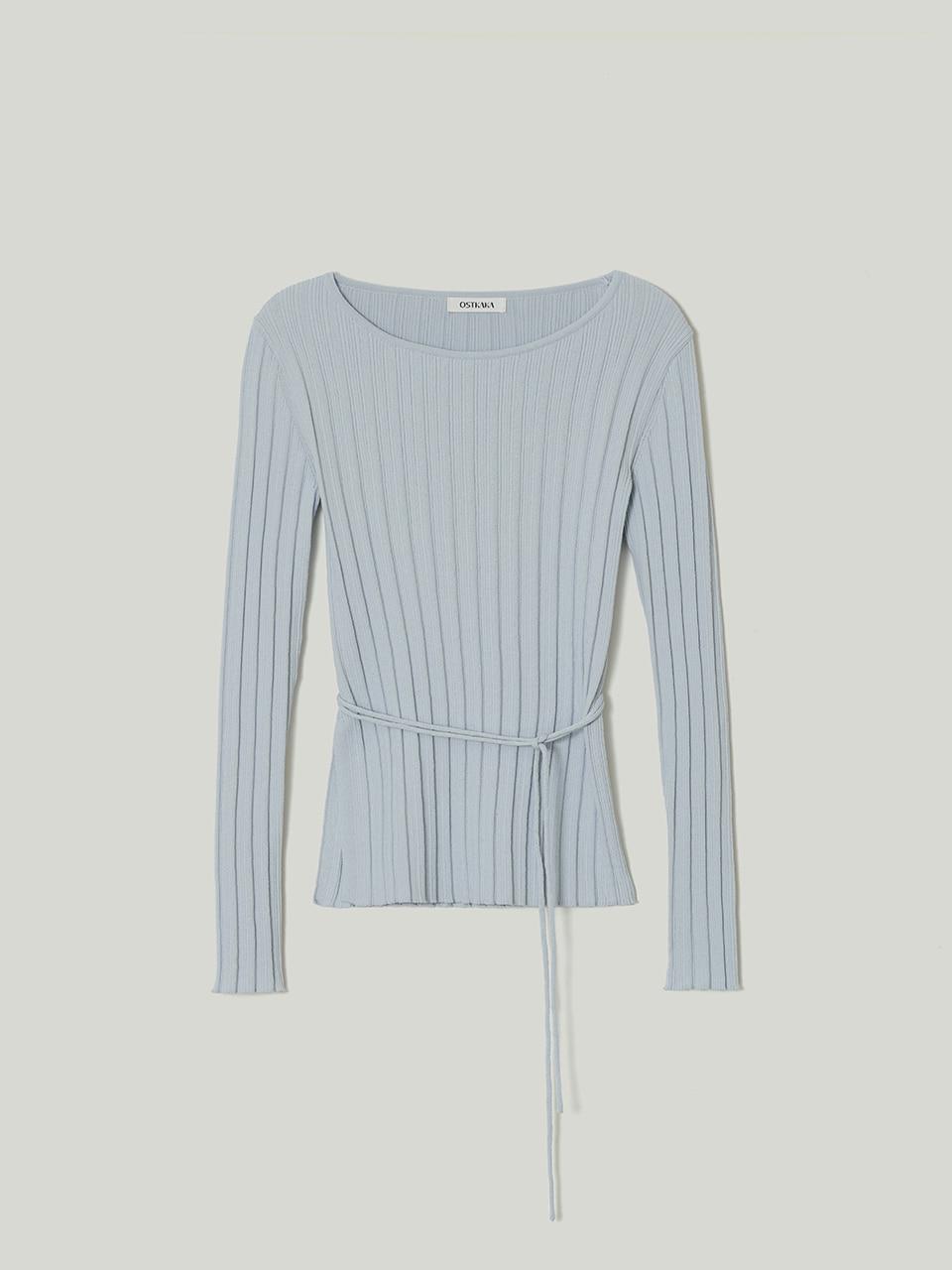 Cotton Boat Neck Ribbed Pullover Light Blue