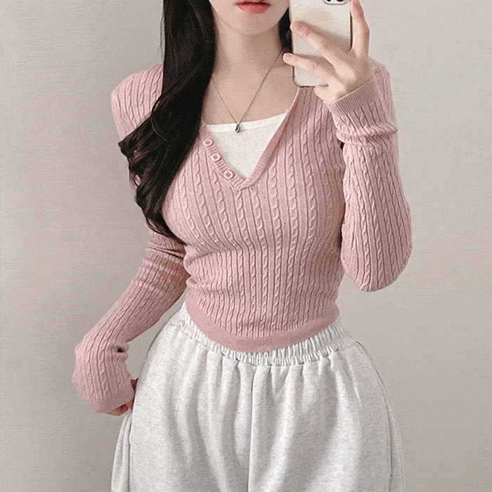 [봄준비🌸] 착붙핏 꽈배기 케이블 레이어드 굴림긴팔니트
