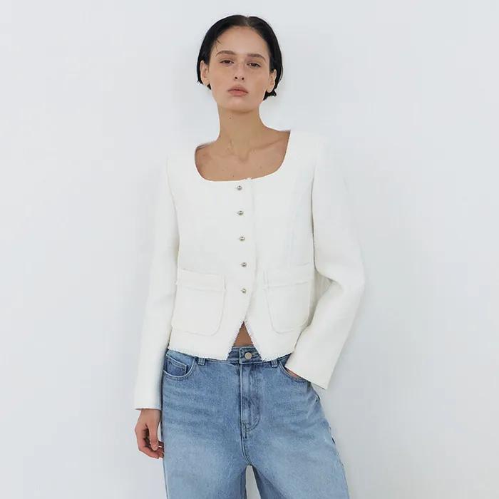 Button Square Tweed Jacket, White