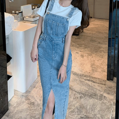 [주문폭주/멜빵조립완료] 데님 스트랩 스커트 롱 미디원피스 멜빵 청치마 연청 진청 블랙 흑청 데님 에이라인 트임 사계절룩 여름 인기 프로필 촬영 여행룩