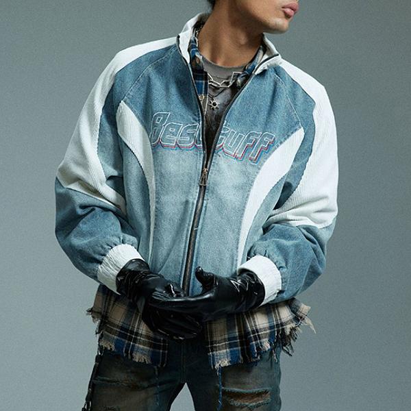 Blue Bestuff Colored Lines Sporty Washing Denim Jacket (8675)