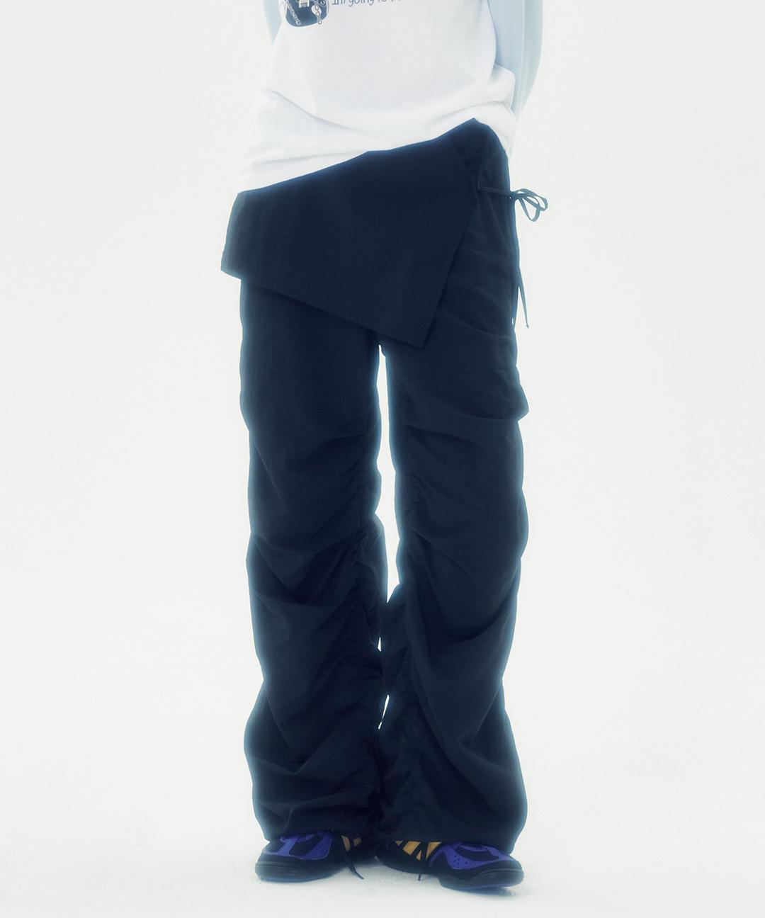 SKIRT LAYERED SHIRRING PANTS [BLACK]