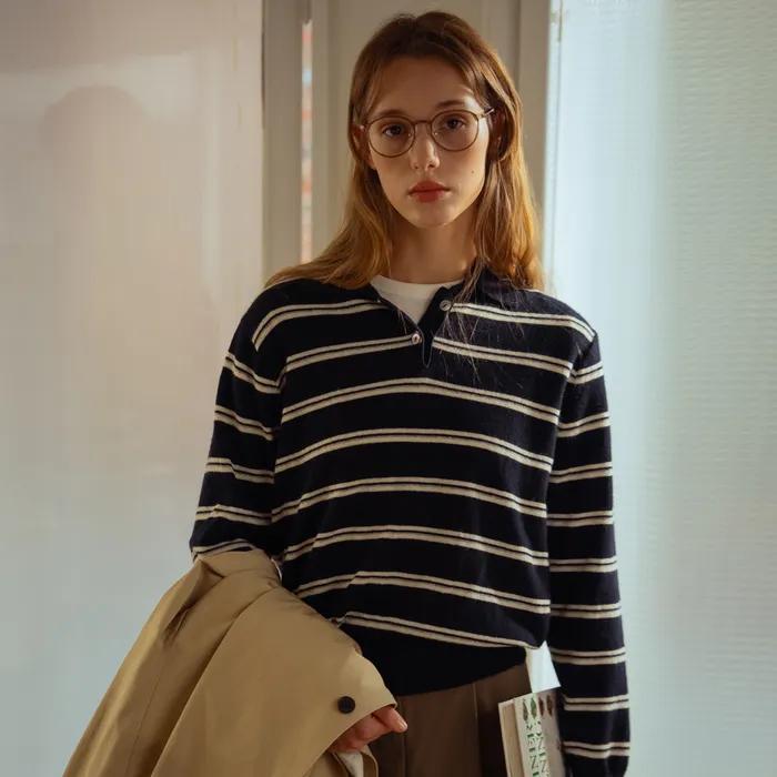 첼시 스트라이프 카라 니트_Navy