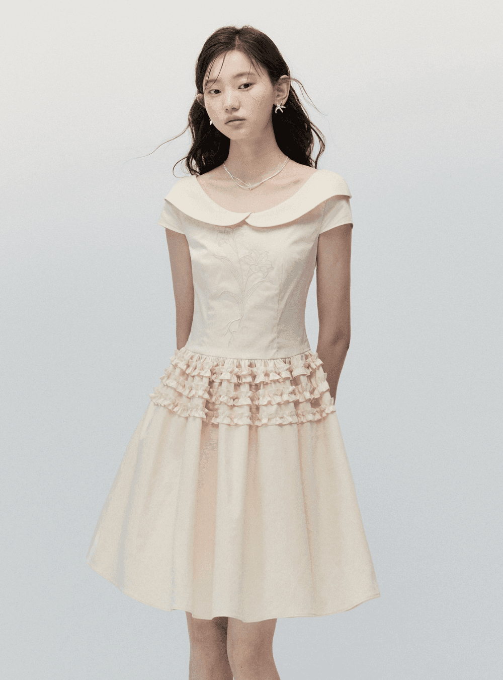 Ice Beige Frill Waistline Dress