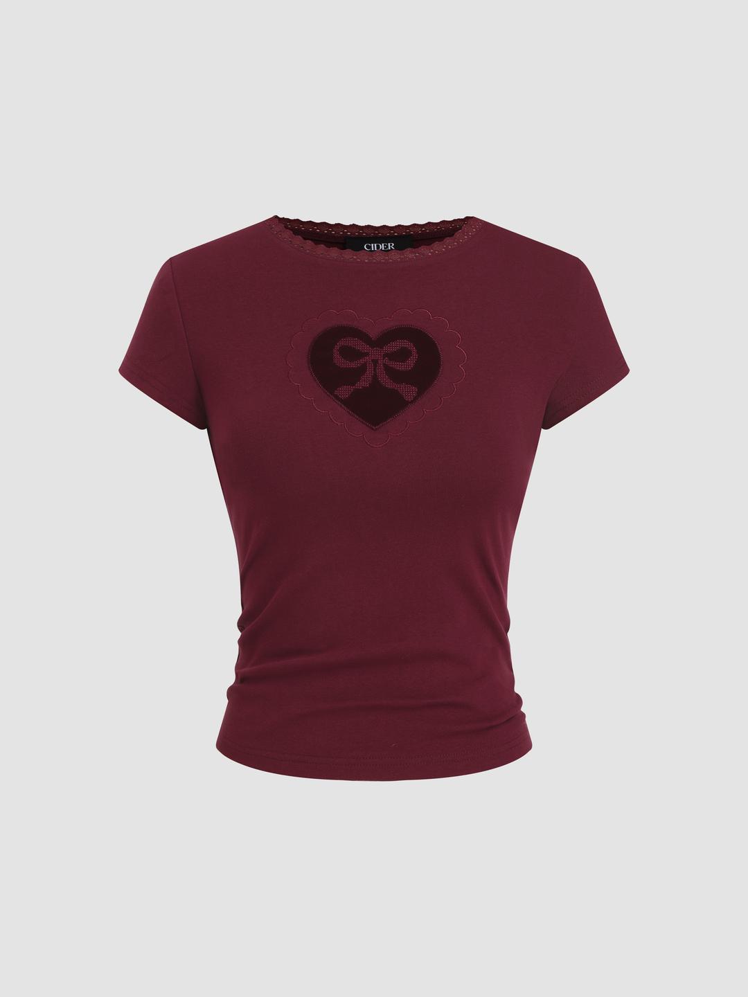 Cotton-blend Bowknot Heart Lace Trim Ruched Tee