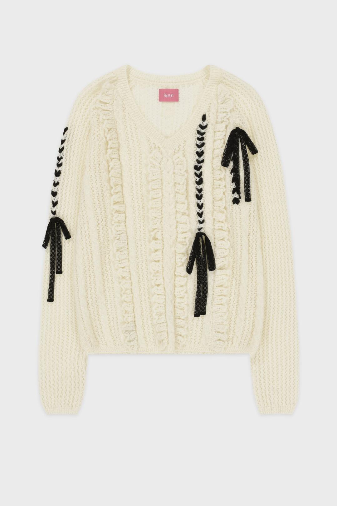 Crochet Ribbon Tie V-Neck Pullover (Ivory)