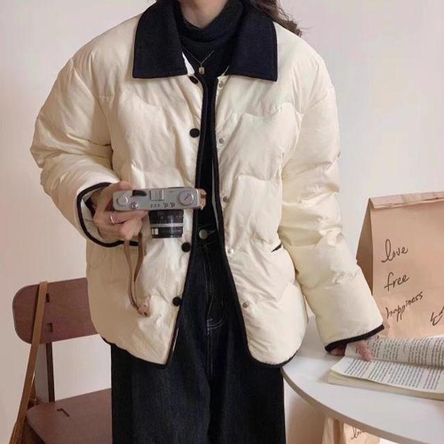배색 카라 또딱 단추 경량 패딩
