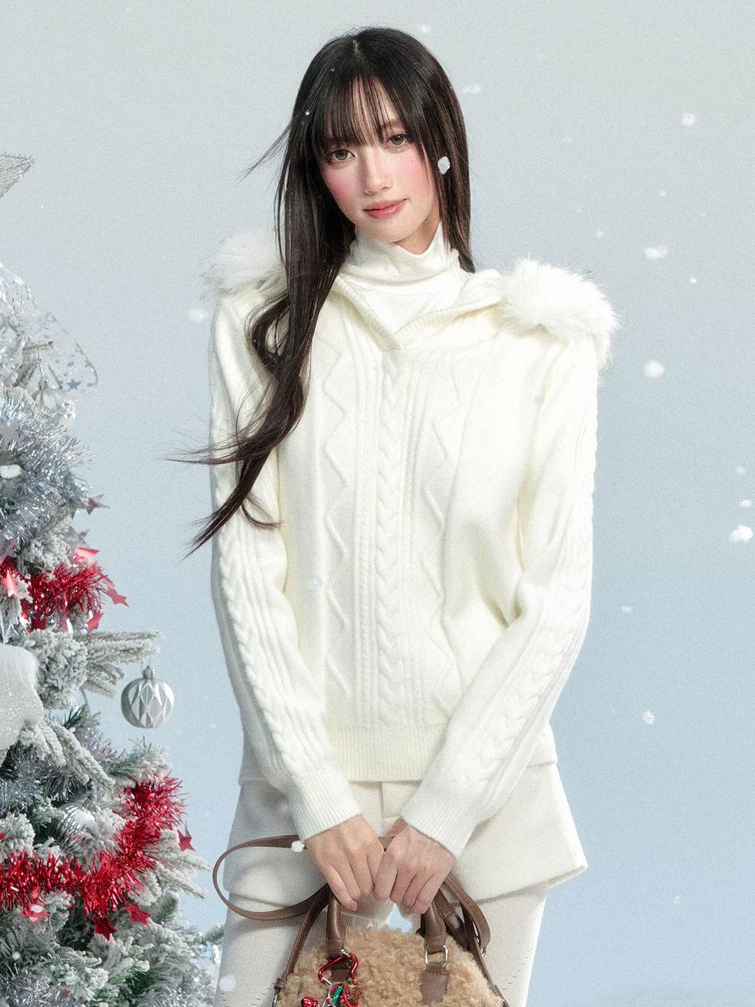 [FRAGILE HEART] Rosalin Fur Hoodie Cable Sweater