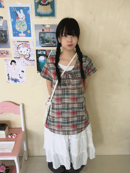 MORI CHECK BLOCK BLOUSE (PINK / BLACK)