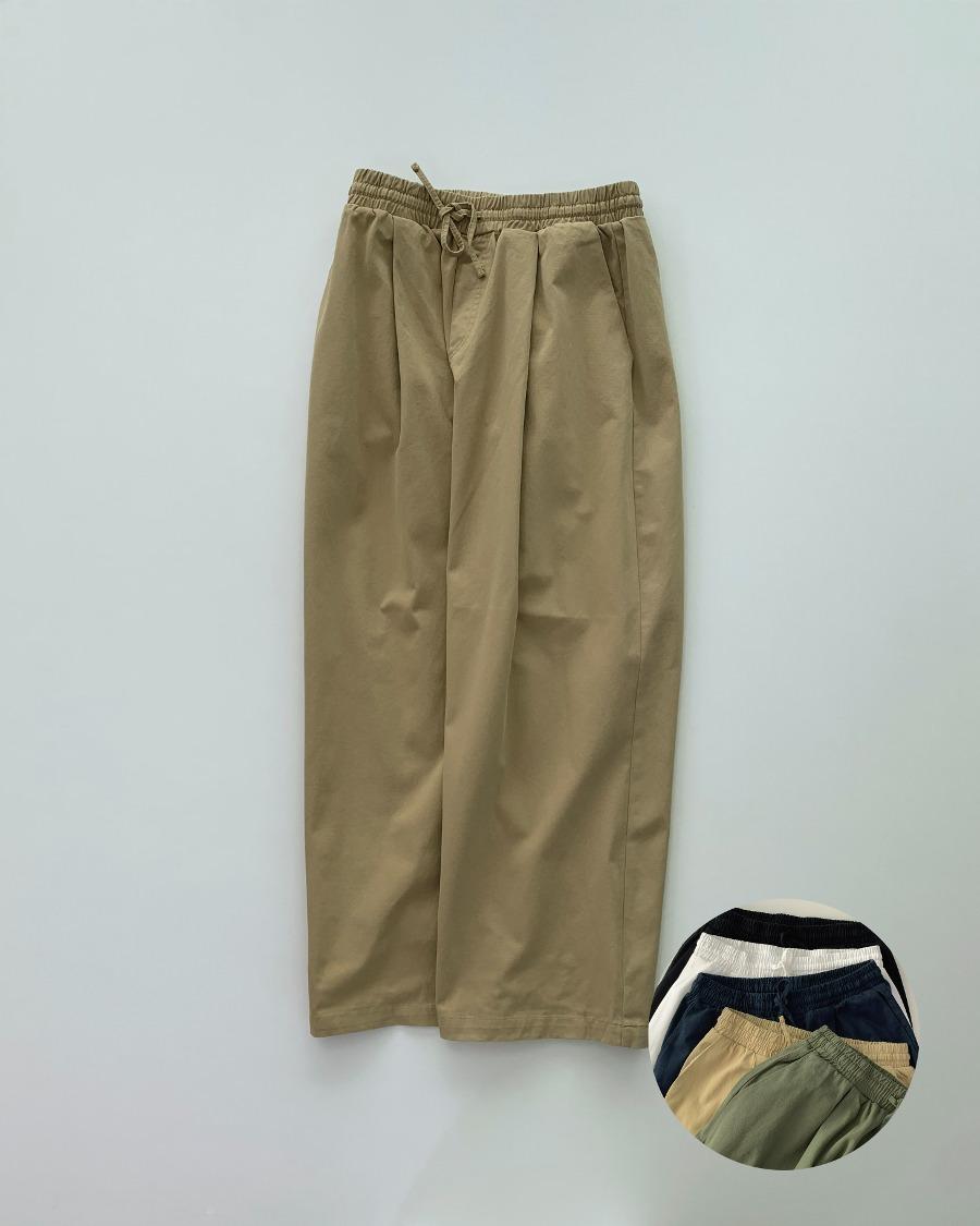 이지 핀턱 와이드 코튼 밴딩 팬츠