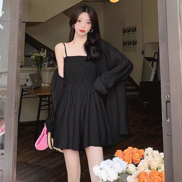 [빅사이즈/4XL까지!] 빅사이즈 셔츠+점프수트 여름투피스세트 살안타템 스모크밴딩 간절기