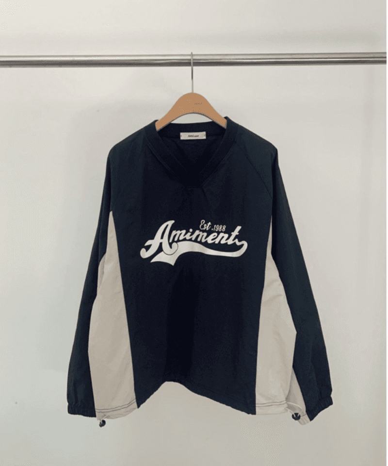 [바스락원단!/블록코어]디토 나일론 배색 스트링 브이넥 맨투맨