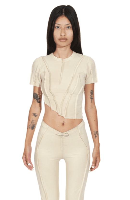 ASYMMETRIC TEE IN IVORY MESH - XS