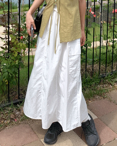 여름 A라인 바스락 나일론 핀턱 카고 밴딩 롱스커트 2color