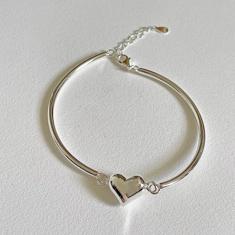 실버 925 통통 하트 뱅글 체인 팔찌