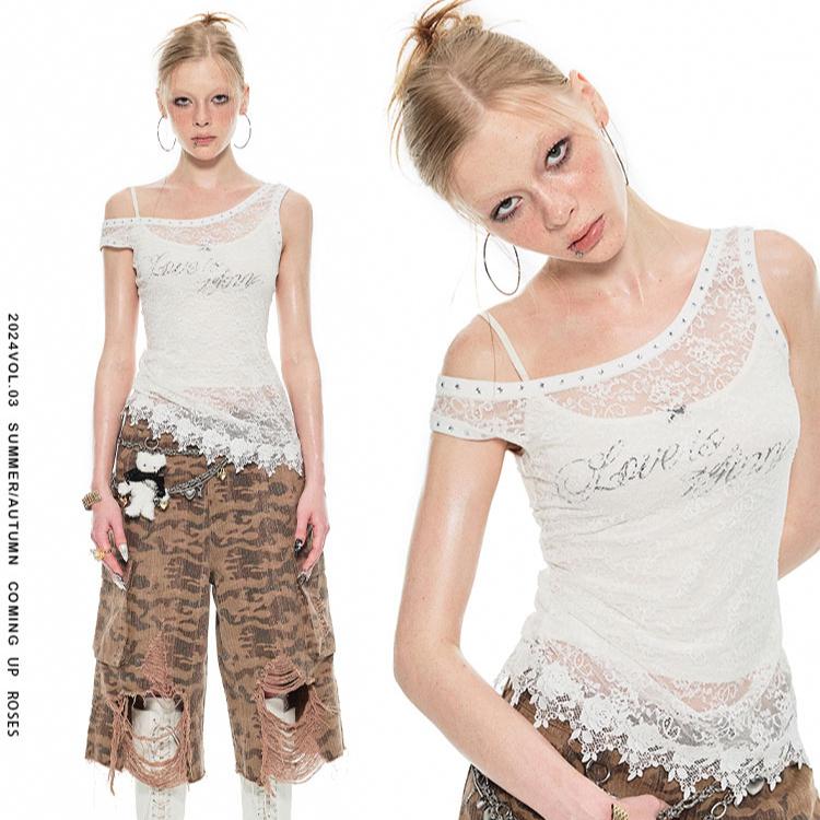 1JINN STUDIO 원진스튜디오 언발 레이스 시스루 레이어드 민소매 탑