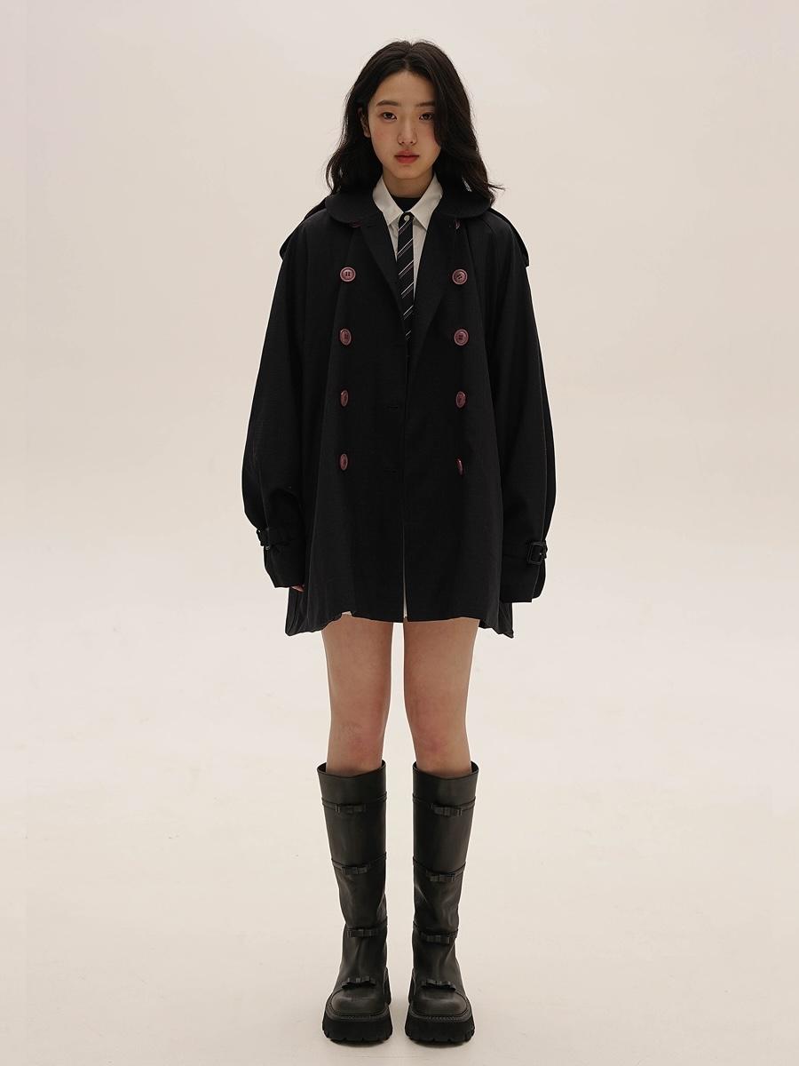 MOROMORO2 Dark Plaid Doll Collar Trench Coat