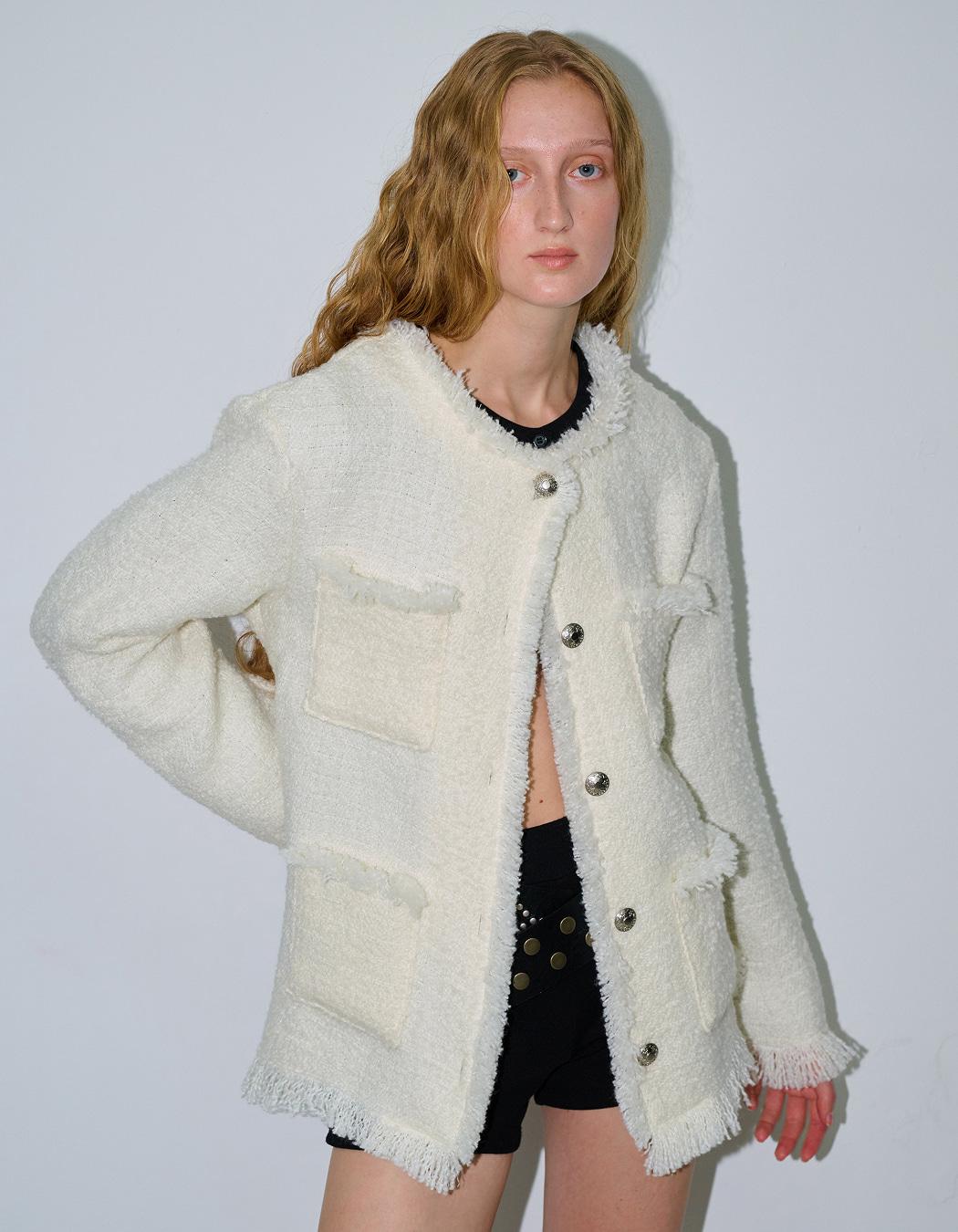 WOOL OVERSIZED FRINGE TWEED JACKET, IVORY