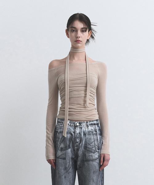 RIBBON OFF-SHOULDER DRAPE TOP, BEIGE