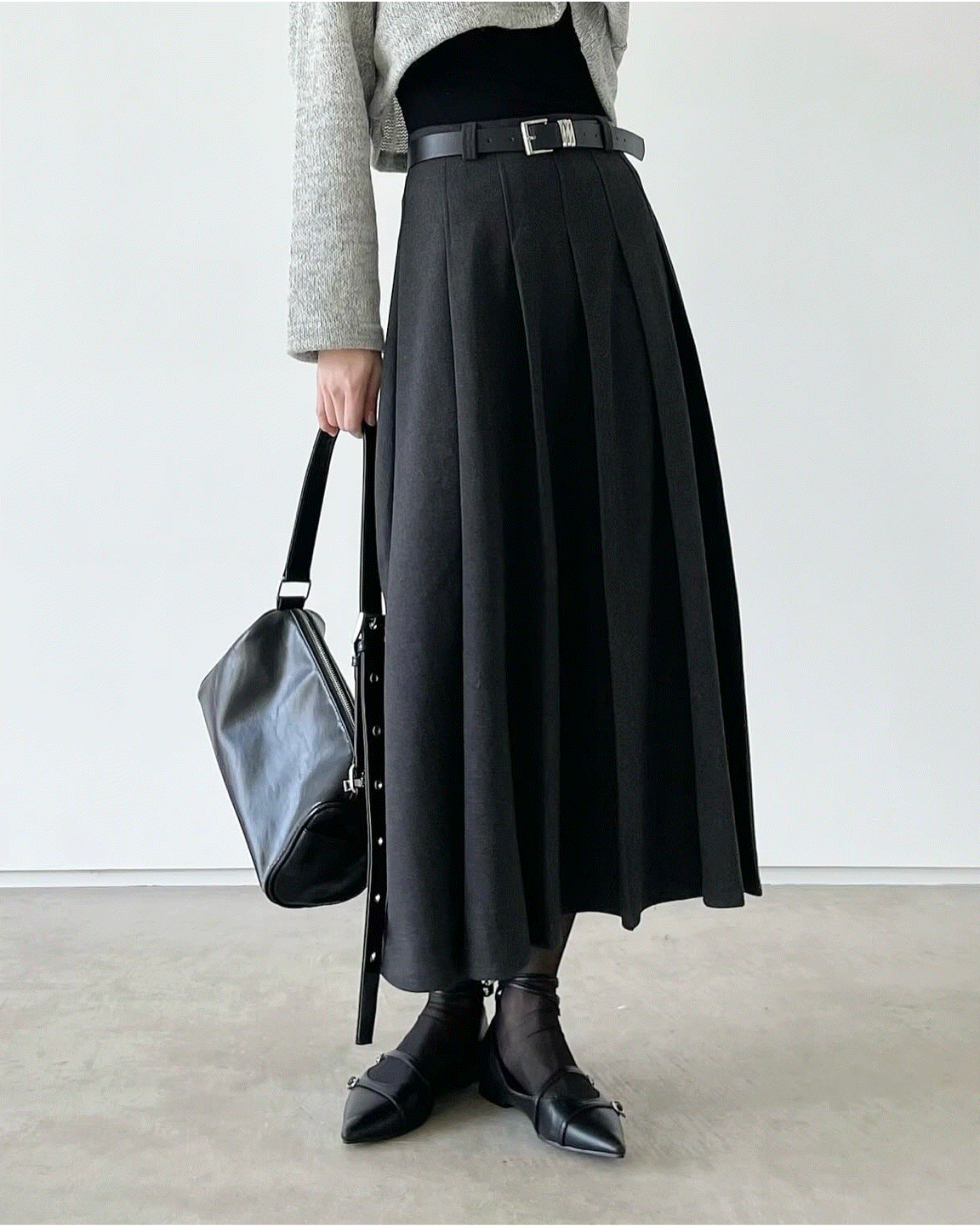 (벨트포함) 지프 기모 플리츠 롱 스커트 [3co]