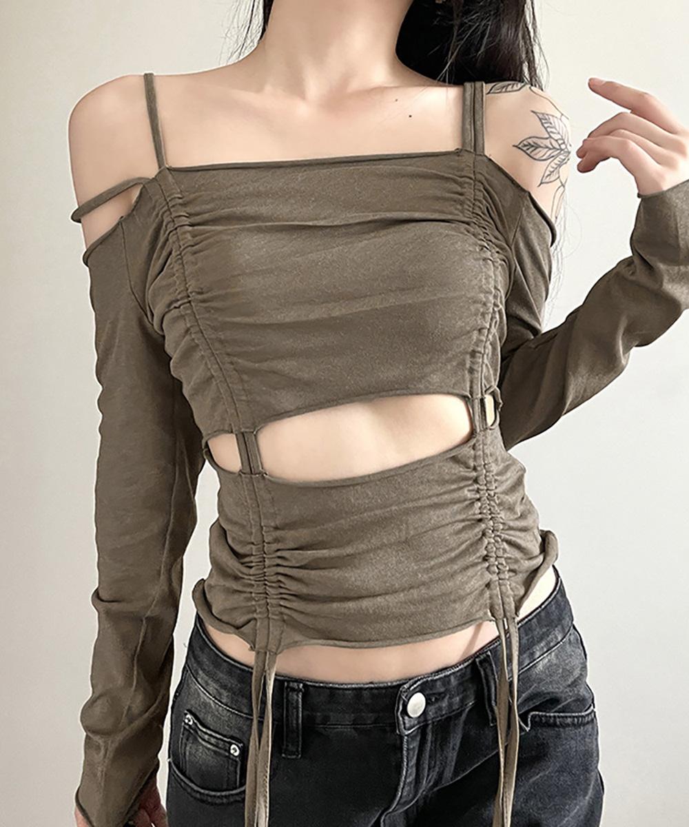 오프숄더 셔링 스트링 롱 슬리브