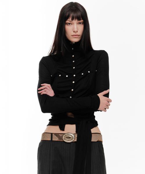 LENA SHIRRING HIGH NECK TOP (BLACK)