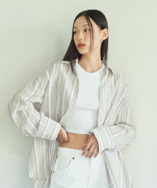 스트라이프 오버핏 여자셔츠 아이보리