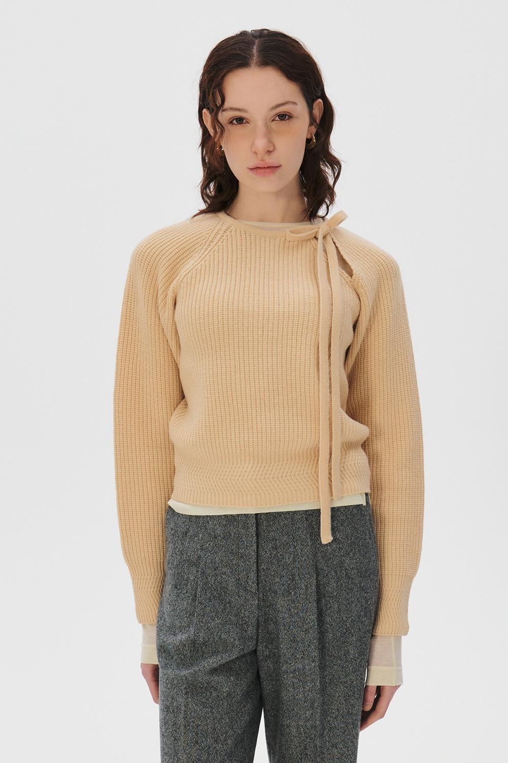 Ribbon Tie Slit Merino Wool Sweater, Wax Yellow