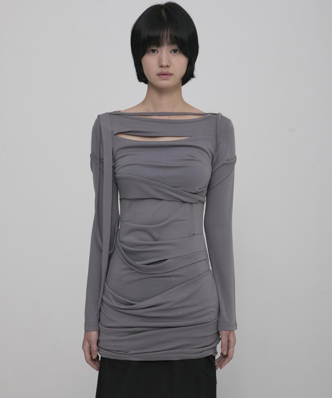 Asymmetrical Draped Long Dress (FL-196_Gray)