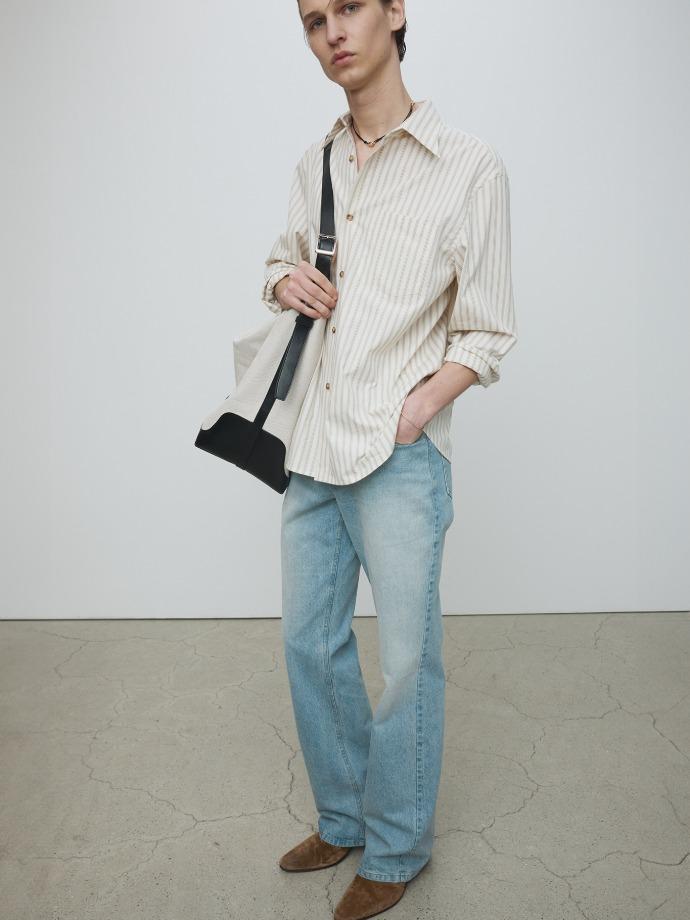 STRIPED COTTON TWILL SHIRT_  IVORY/GREY