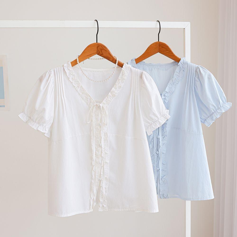 라니에 리본 프릴 브이넥 퍼프 반팔 블라우스