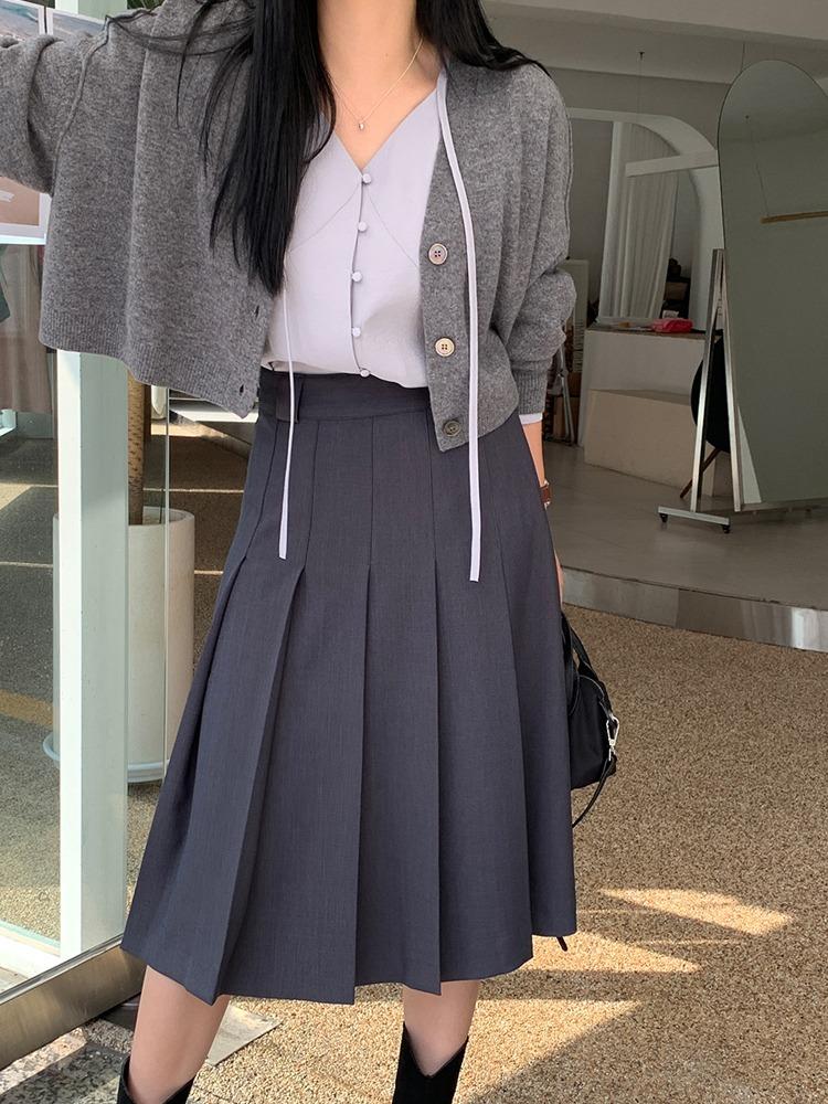 유니 플리츠 미디 스커트