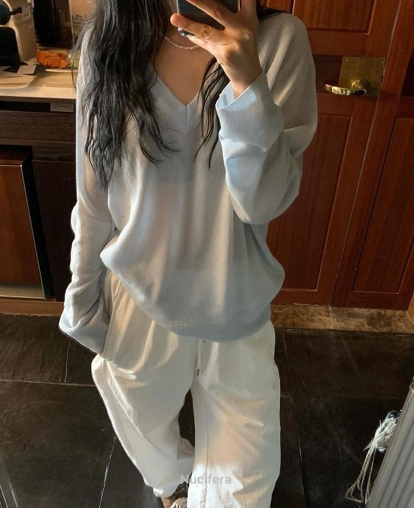 소당일/ 웰로우 썸머 앨리스 브이넥 나그랑니트 살안타템 여름원단 긴팔니트 비치웨어 루즈핏nt (4col)