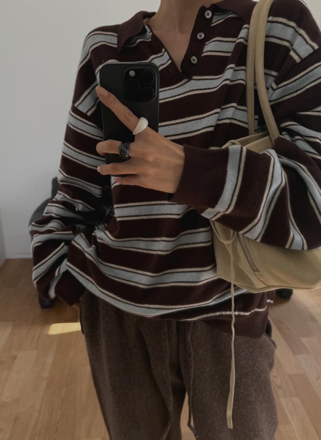 울 카라 스트라이프 니트(브라운)