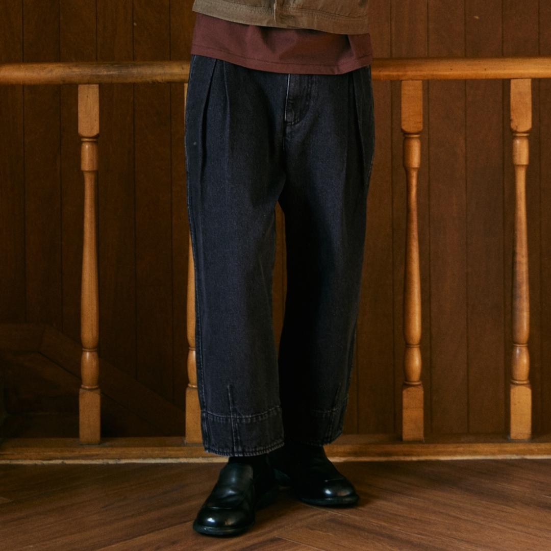 크롭 워크 데님 팬츠 - 워시드 블랙