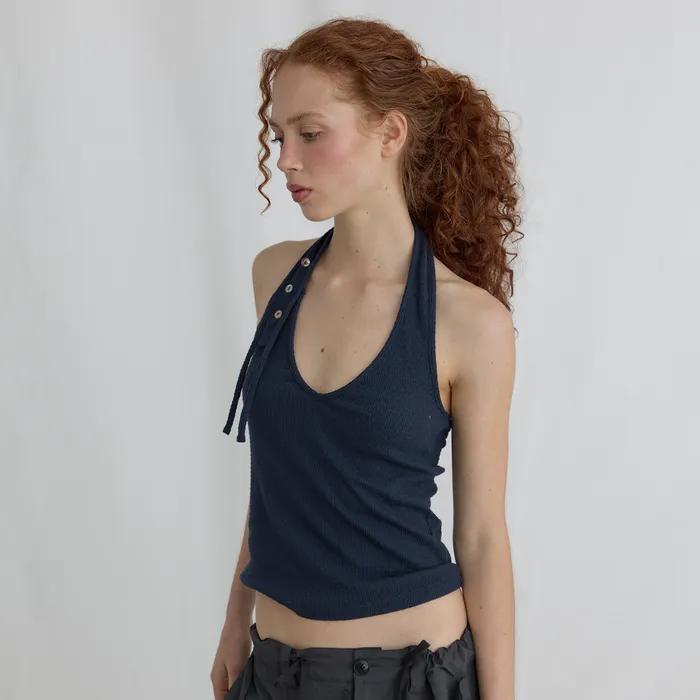 SHELL BUTTON HALTER SLEEVELESS - NAVY