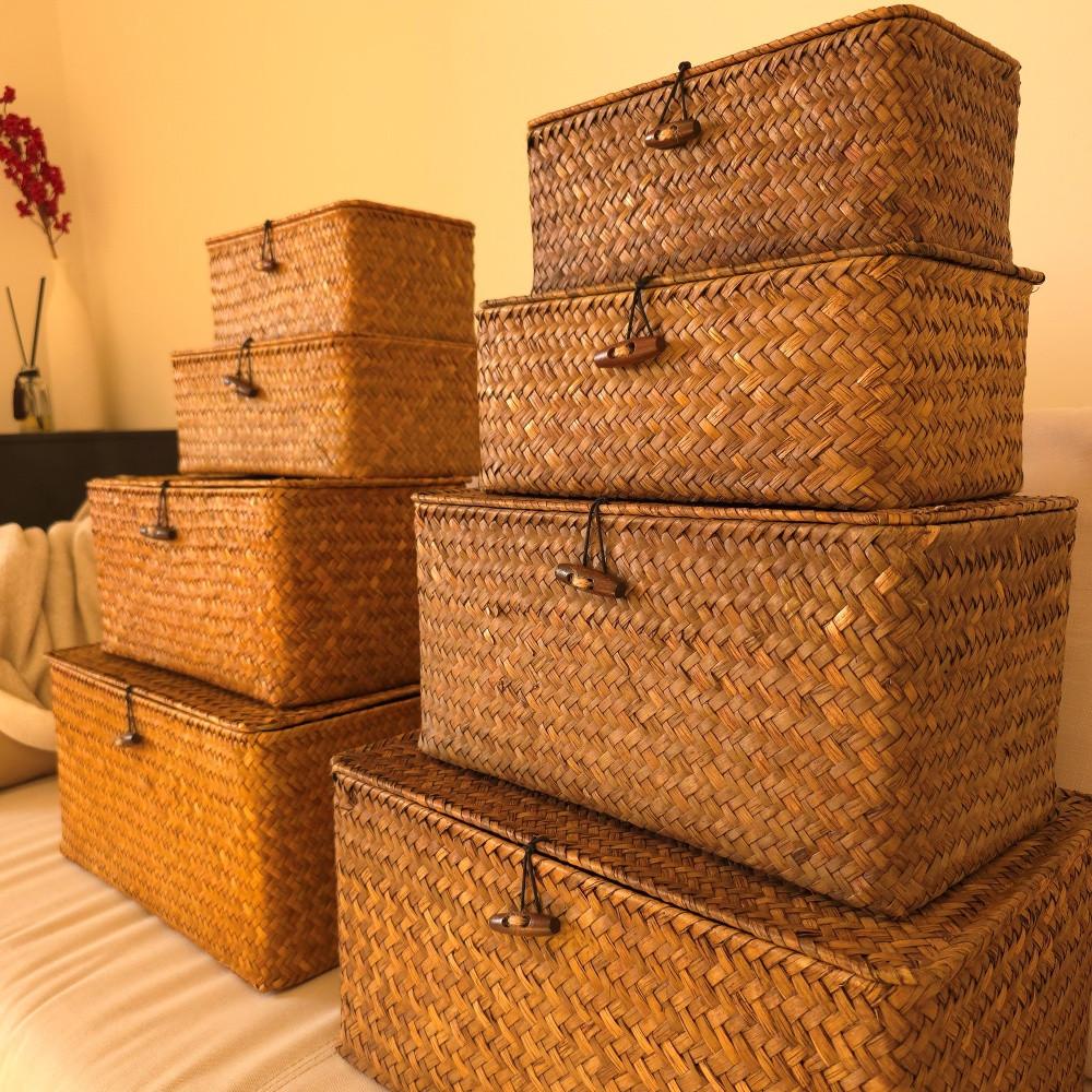 천연라탄 사각바구니 소형 중형 대형 덮개 정리함