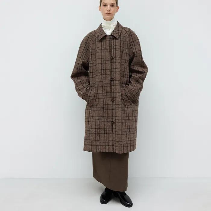 Wool Check Balmacaan Coat (Brown)