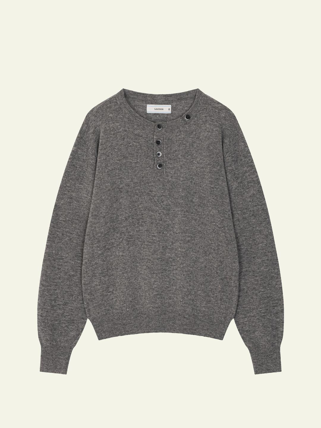 Button Pullover Henley-neck Knit - Grey