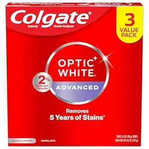 Colgate Optic White 고급 과산화수소 치약, 치아 미백 치약 팩, 에나멜 안전 포뮬러, 차, 커피 및 와인 얼룩 제거에 도움, 스파클링 화이트, 3팩, 90.7g(3.2온스)